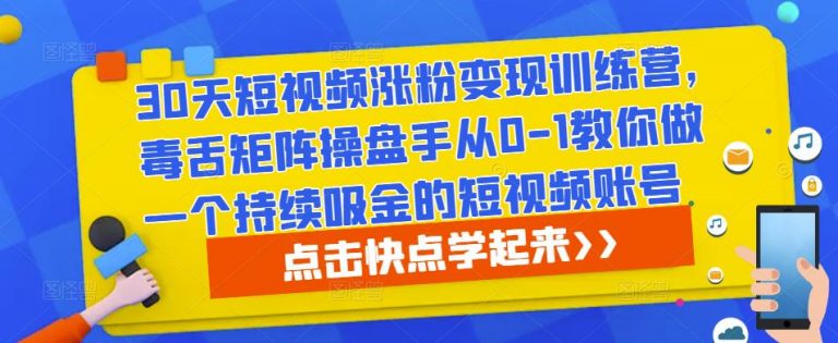 30天短视频涨粉变现训练营，毒舌矩阵操盘手从0-1教你做一个持续吸金的短视频账号-无双资源网