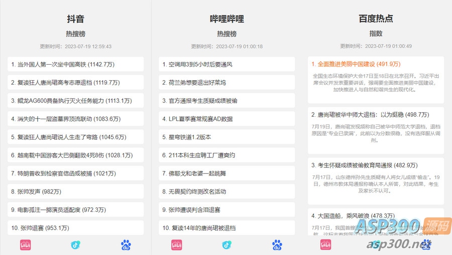 【蓝奏云】抖音、百度、哔哩哔哩热搜热榜单页的HTML源码-无双资源网