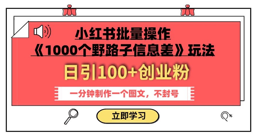 【百度网盘】小红书批量操作《1000个野路子信息差》玩法，一分钟制作一个图文，不封号，日引100+创业粉-无双资源网