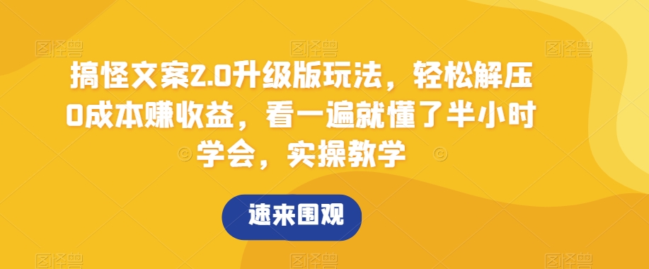 搞怪文案2.0升级版玩法，轻松解压0成本赚收益，看一遍就懂了半小时学会，实操教学【揭秘】-无双资源网