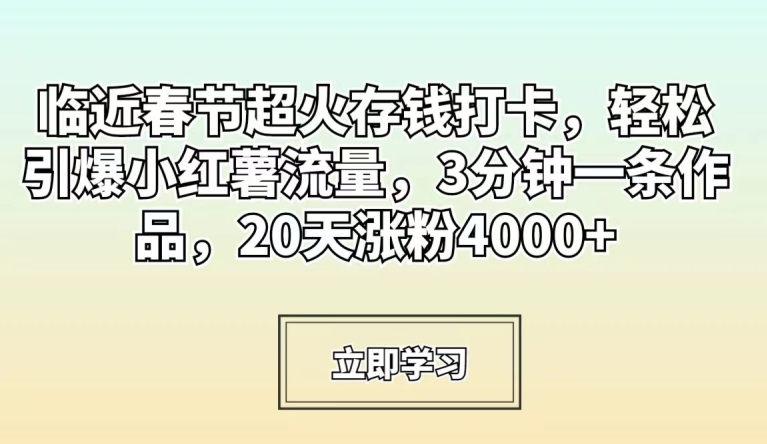 临近春节超火存钱打卡，轻松引爆小红薯流量，3分钟一条作品，20天涨粉4000+【揭秘】-无双资源网