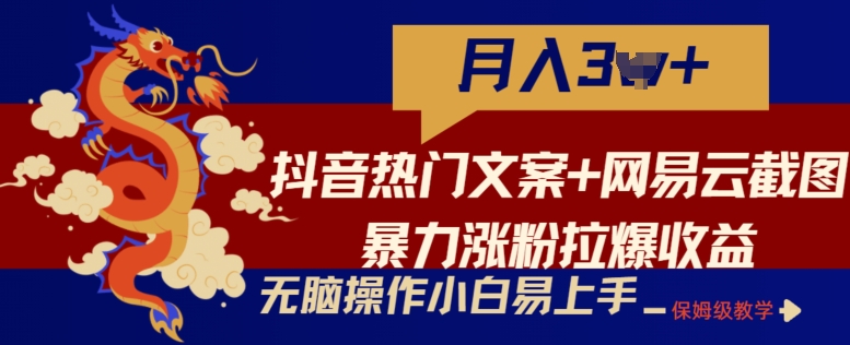 抖音热门文案+网易云截图暴力涨粉拉爆收益玩法，小白无脑操作，简单易上手【揭秘】-无双资源网