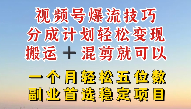 视频号爆流技巧，分成计划轻松变现，搬运 +混剪就可以，一个月轻松五位数稳定项目【揭秘】-无双资源网